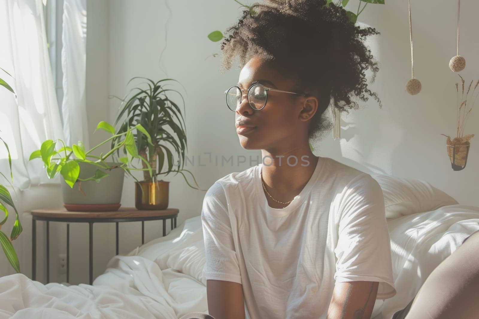 Unhappy woman thinking about problems, sitting in the bed alone looking away. ai generated