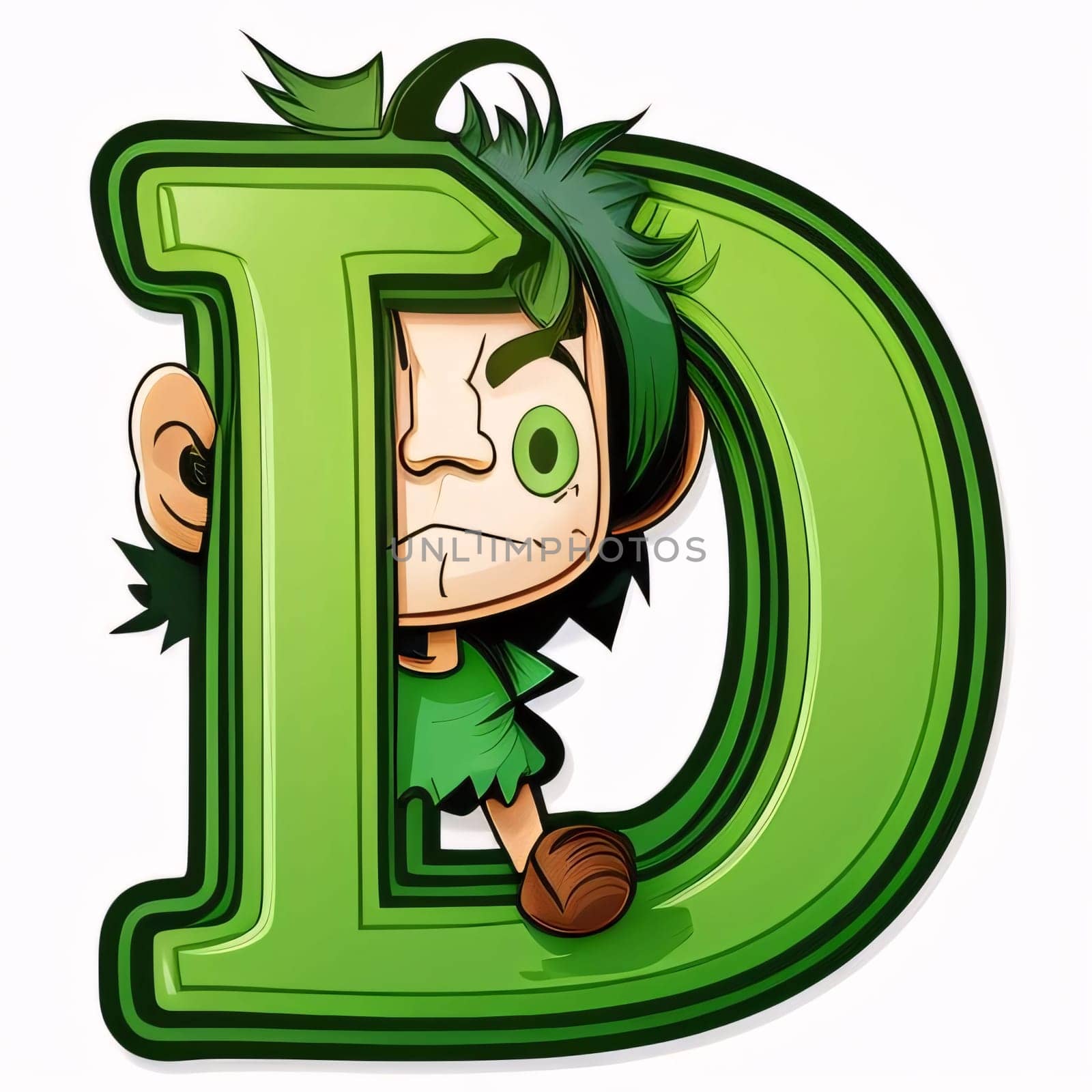 Graphic alphabet letters: Cute cartoon green letter D with funny face - vector illustration.