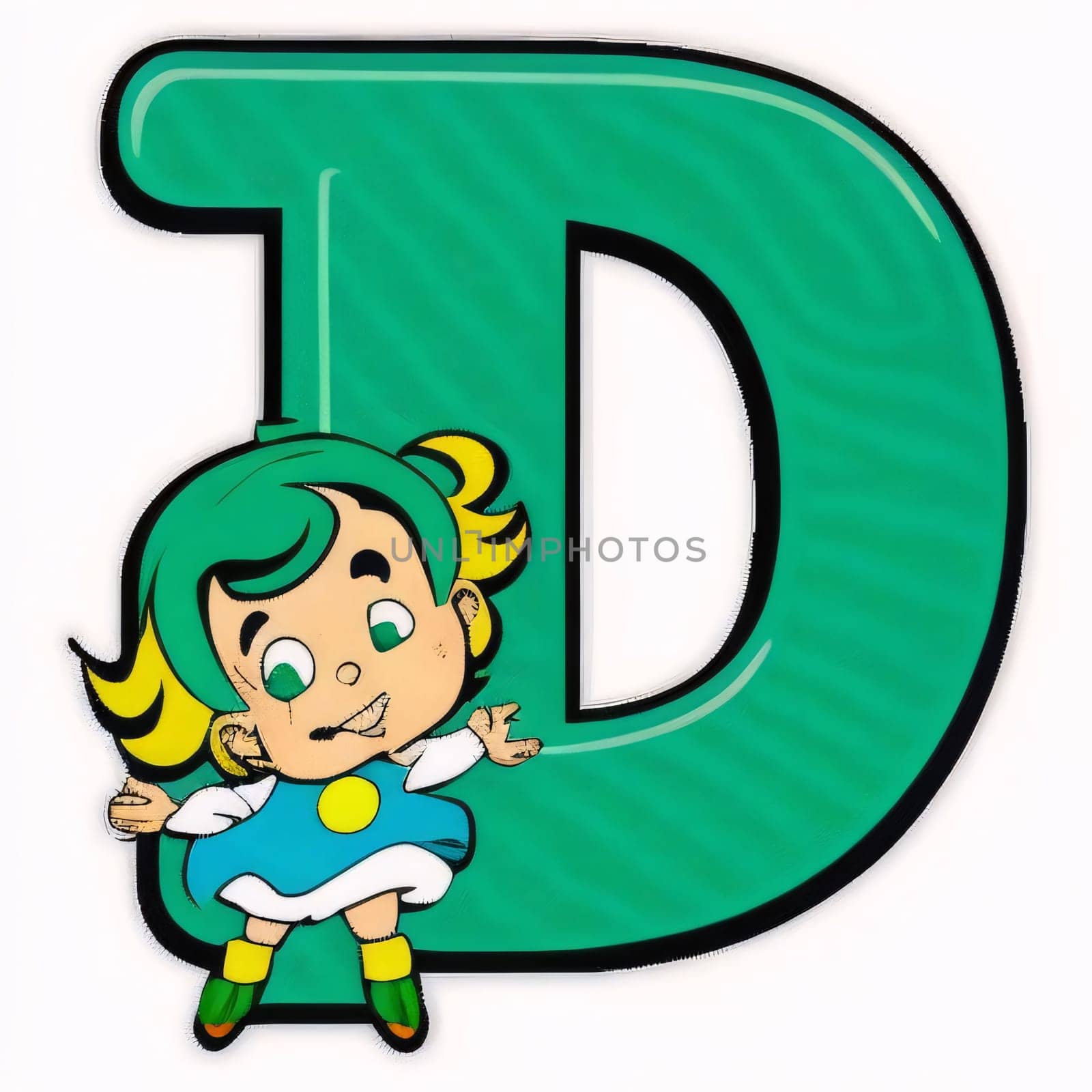 Graphic alphabet letters: Font design for the letter D with a girl in a blue dress