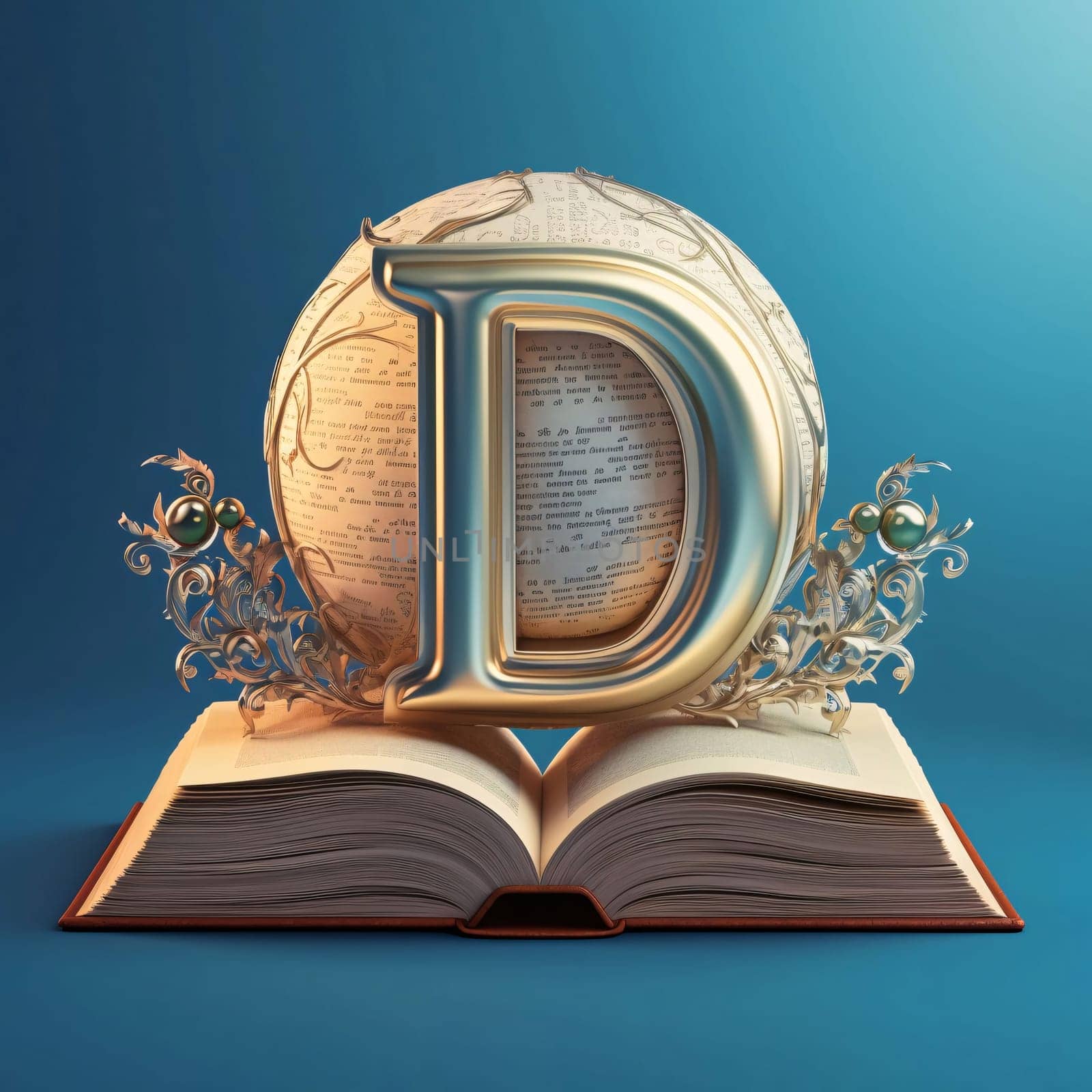 Graphic alphabet letters: Letter D in the form of an open book with a crystal sphere. 3d render