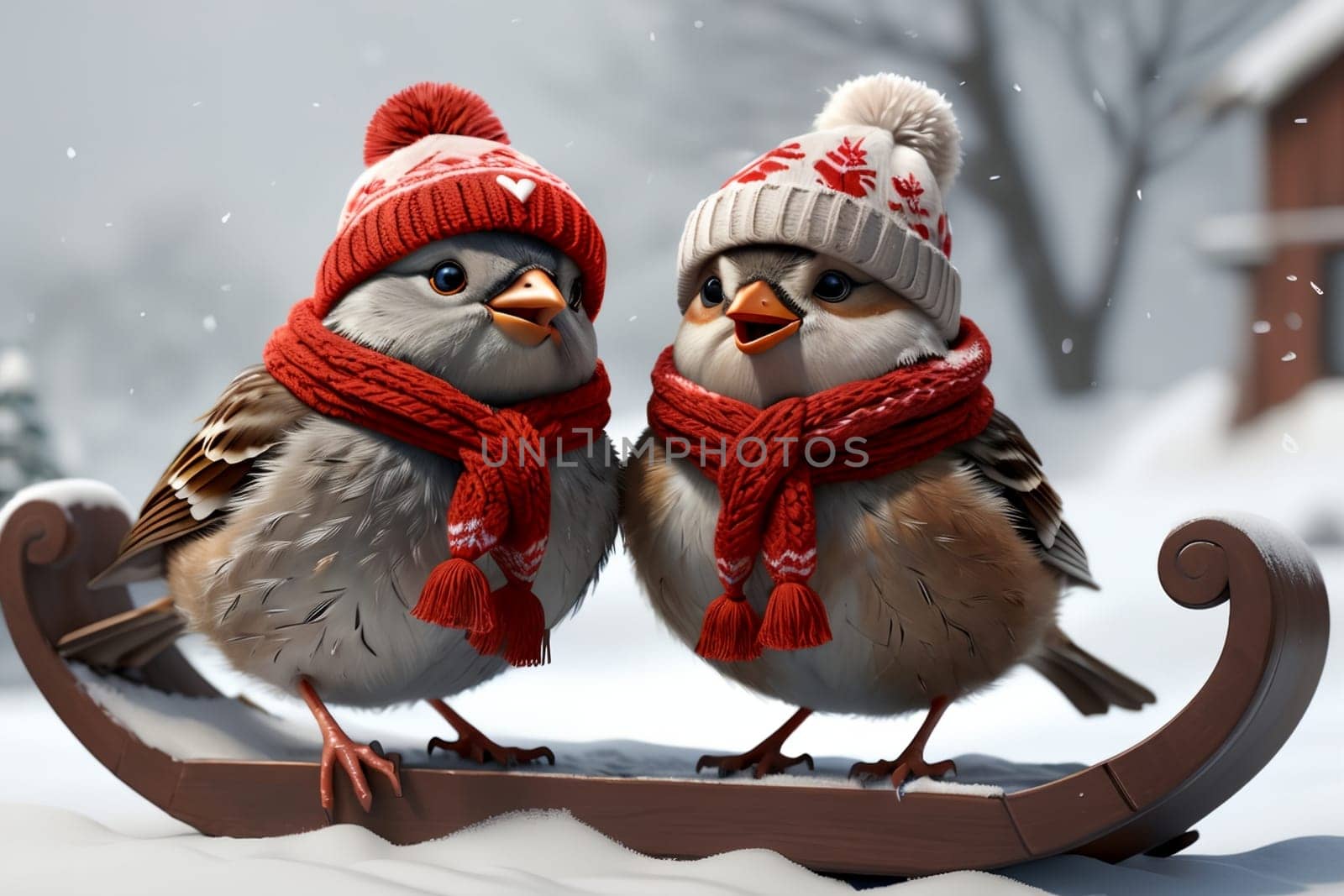 Birds in love in a hat and scarf in winter walk on the street by Rawlik