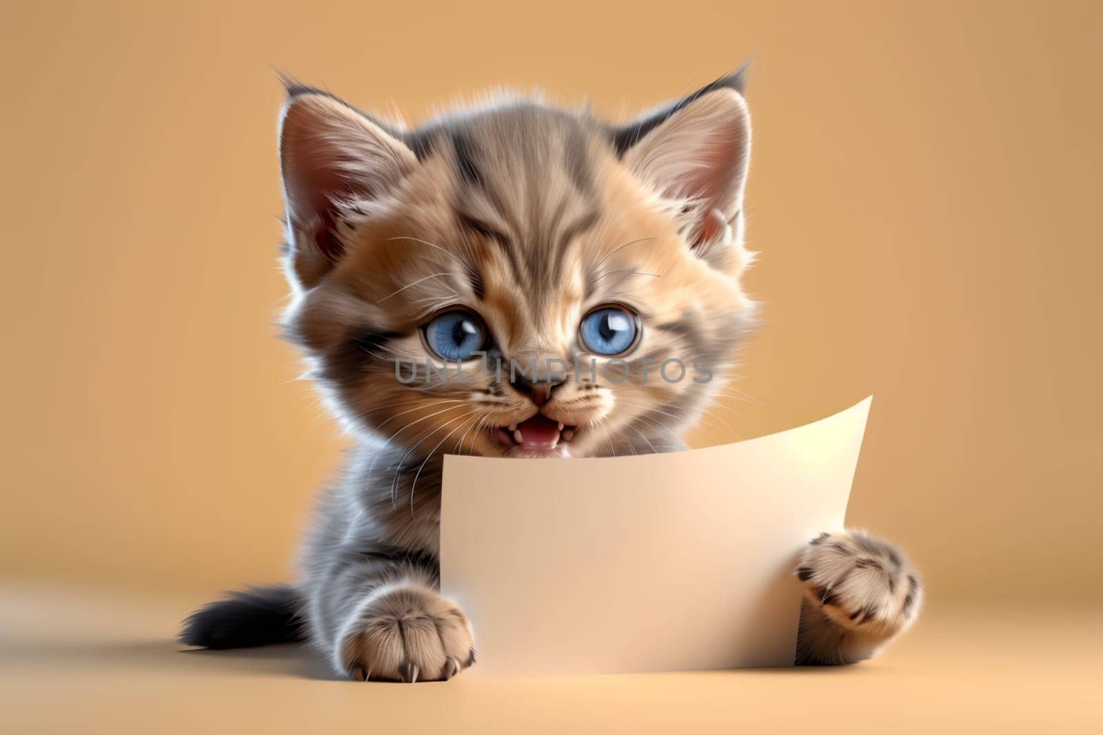 cute kitten with a pure form for text, isolated on a light brown background .