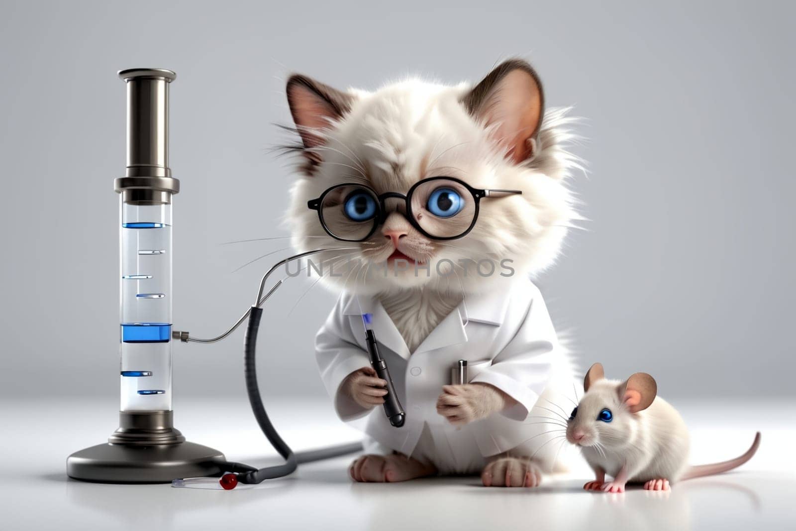 Biochemist cat in uniform with flasks by Rawlik