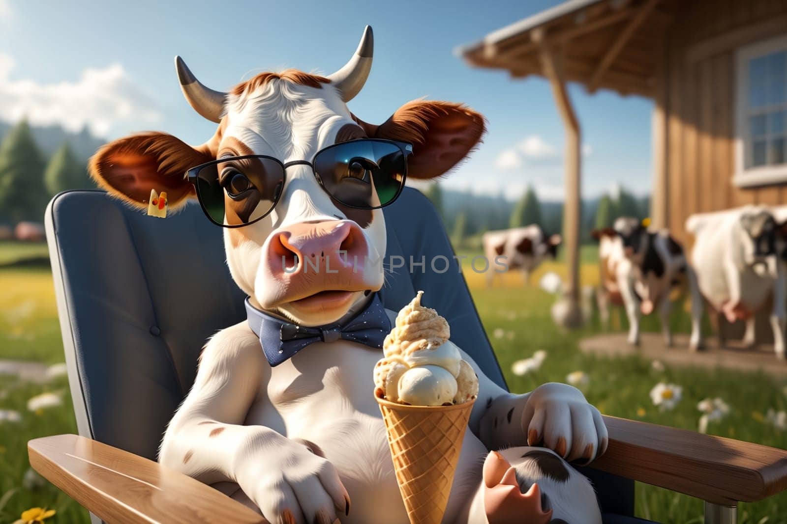 Cute cow in sunglasses eating milk ice cream, farm, countryside .