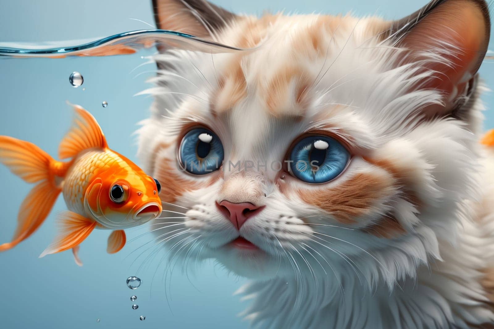 Cute Ragdoll kitten and goldfish underwater .