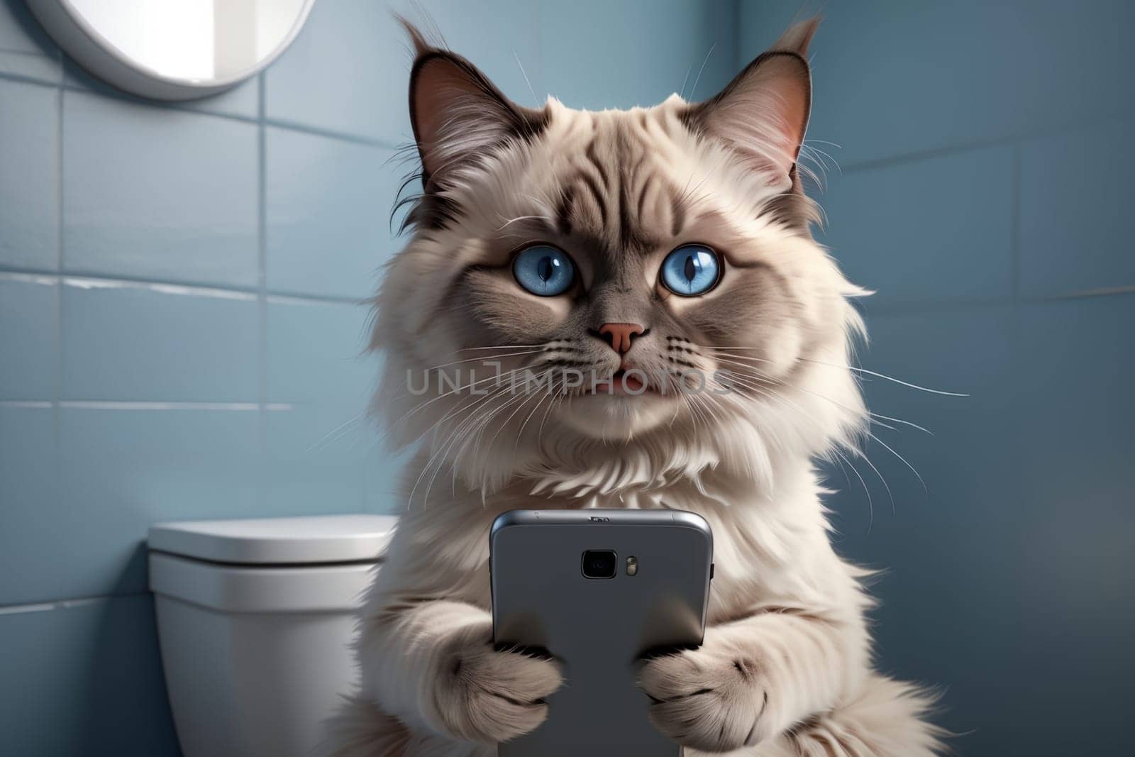 cute cat reading news on the phone while sitting in the toilet room .