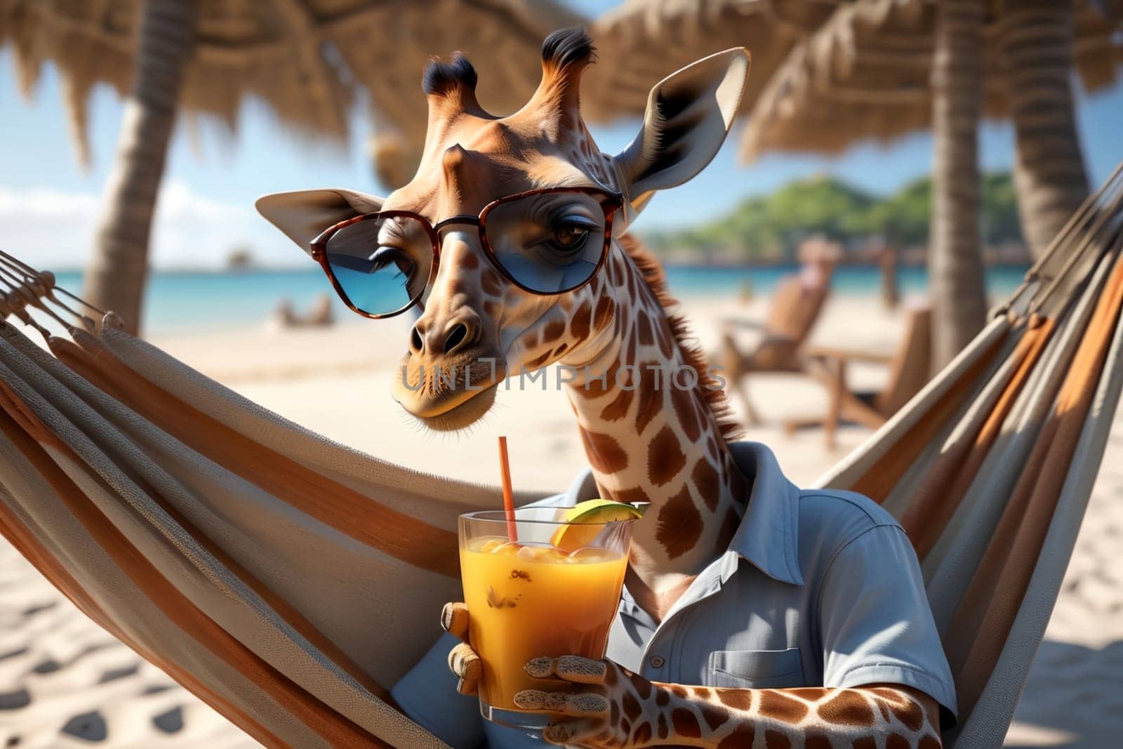 happy giraffe on the beach in summer drinking a cocktail .