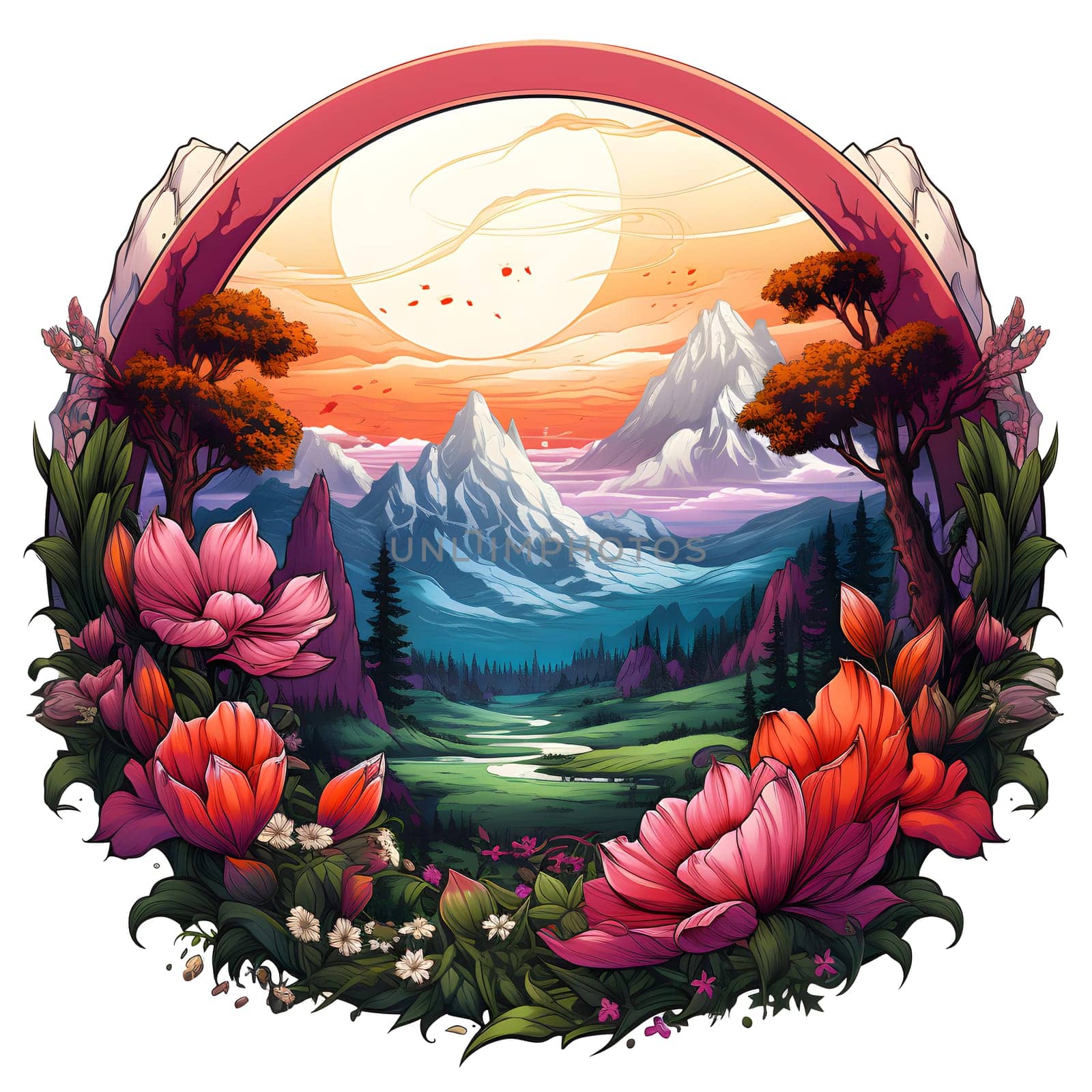 A stunning painting of a landscape with vibrant flowers and majestic mountains displayed beautifully in a picture frame