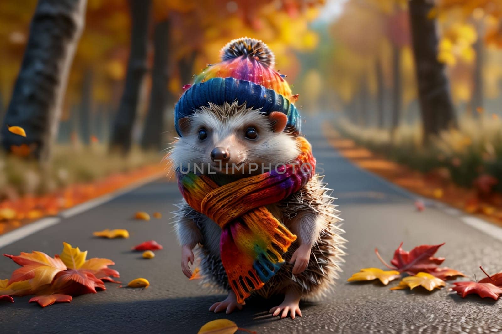 cute hedgehog stands on the road in the forest in autumn .