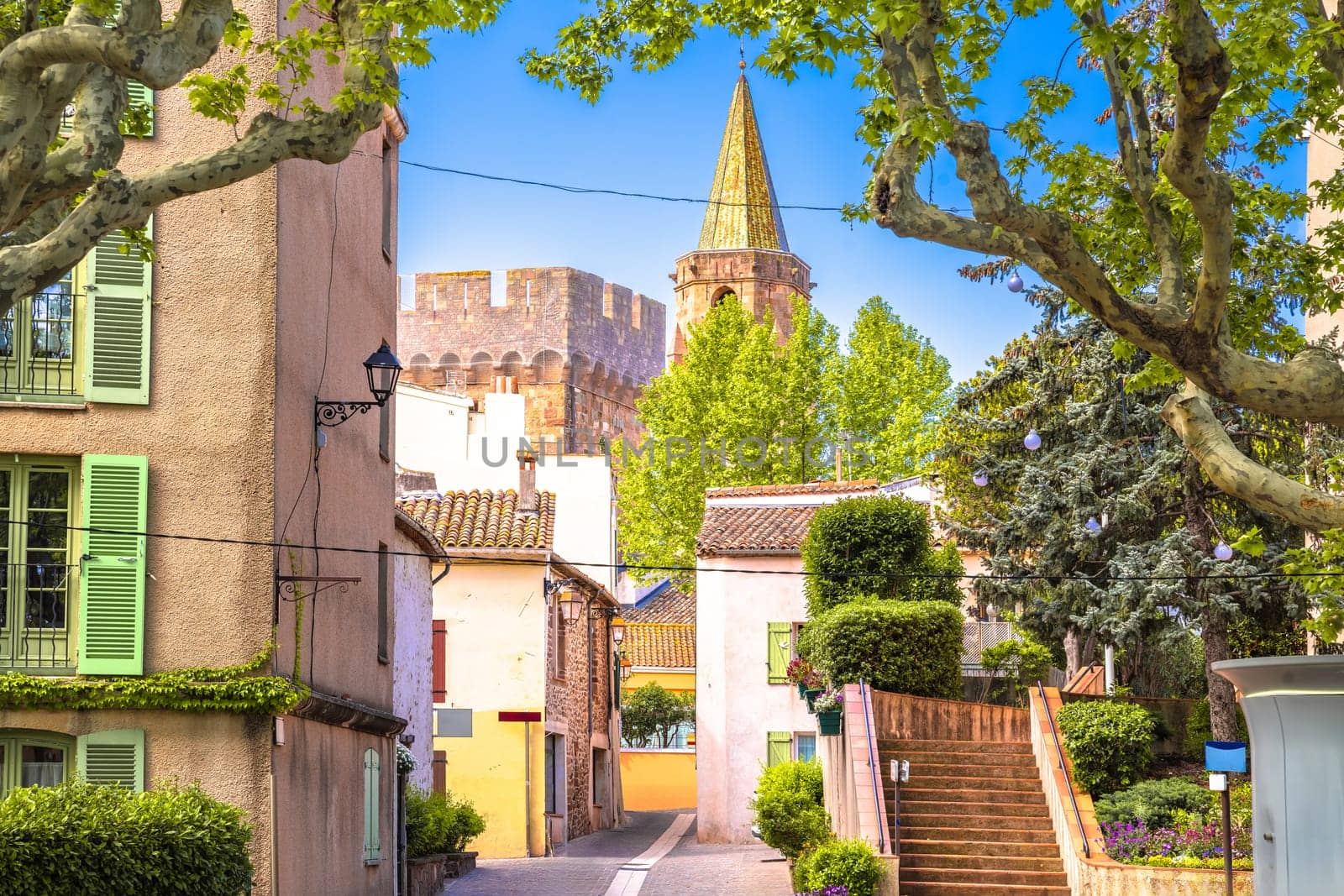 Town of Frejus colorful street anf tower view, south of France