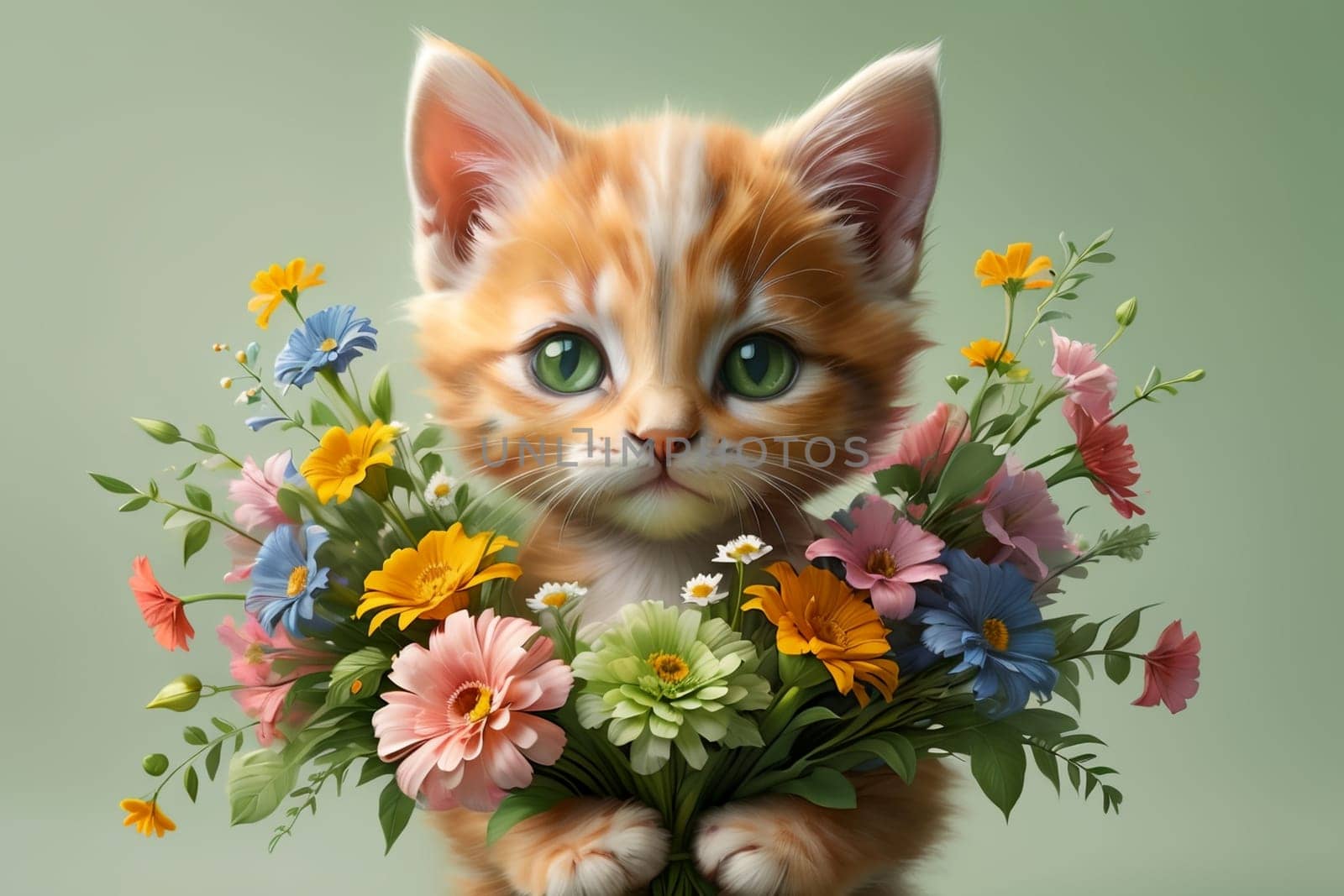 Cute kitten with a large bouquet of flowers .