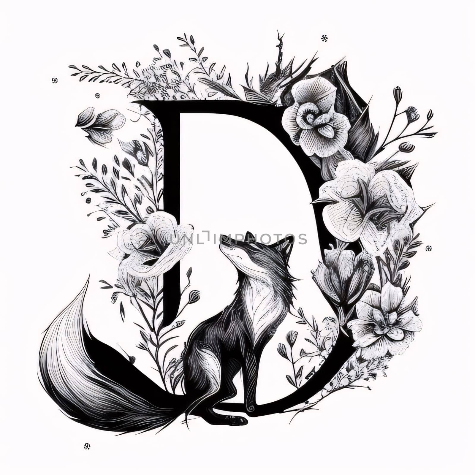 letter D with fox, flowers and leaves. Hand drawn vector illustration by ThemesS