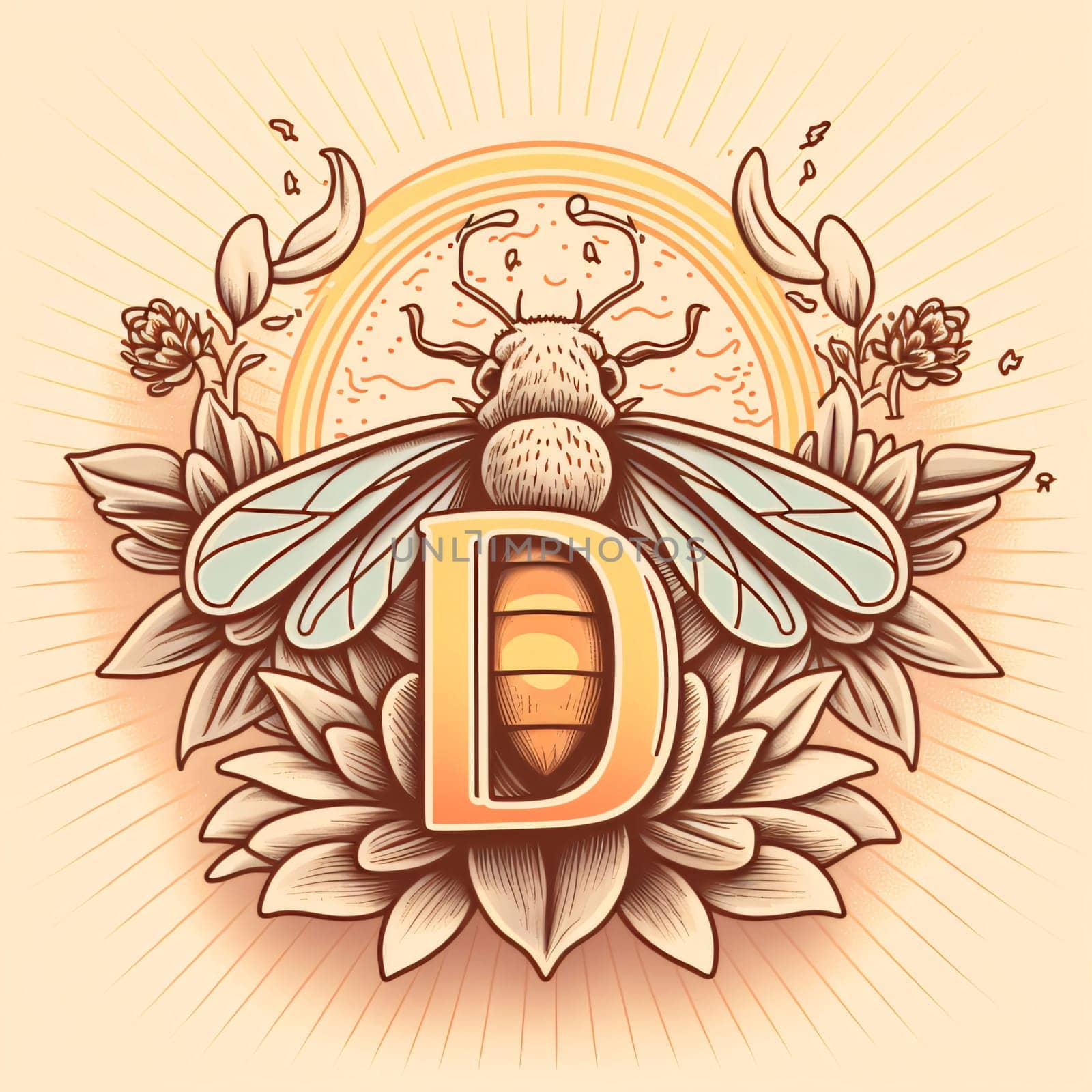 Graphic alphabet letters: Bee with letter D. Vector illustration in vintage engraving style.
