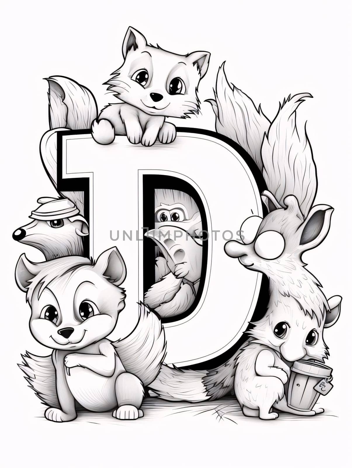 Graphic alphabet letters: Font design for the letter D with cute cartoon animals. Vector illustration.