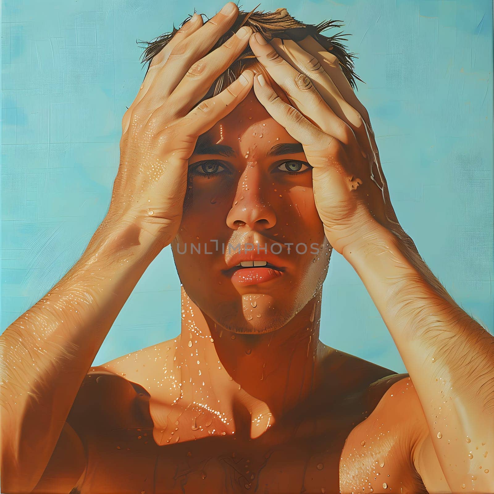 A painting depicting a shirtless man with a hand on his head, showcasing detailed features like his nose, cheek, eyelash, jaw, neck, and chest. The gesture of his thumb adds realism to the art