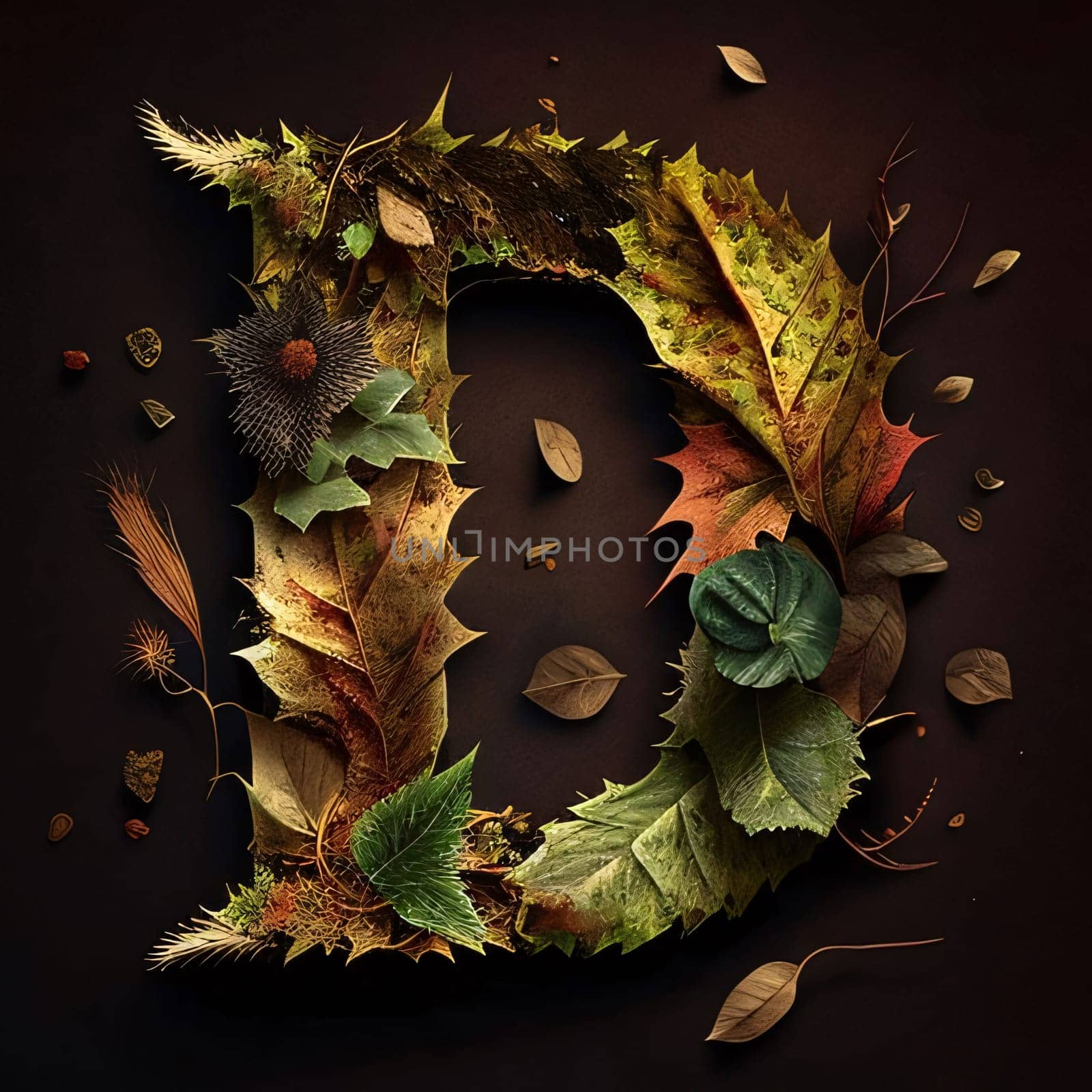 Graphic alphabet letters: Letter D made from autumn leaves. 3D render isolated on dark background