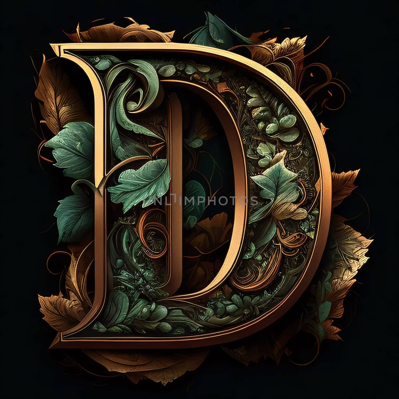 Graphic alphabet letters: Letter D with floral ornament on black background. 3D illustration.