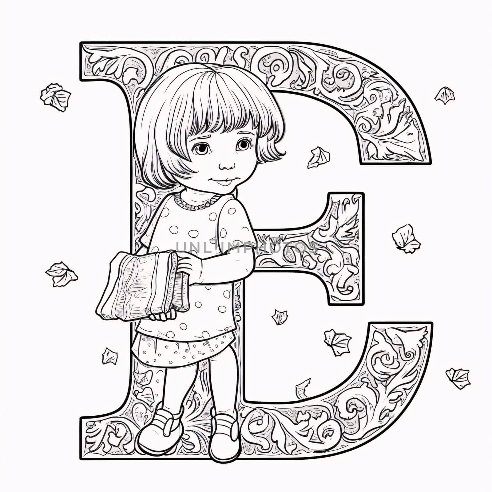 Graphic alphabet letters: Cute little girl with the letter E for coloring book. Vector illustration.