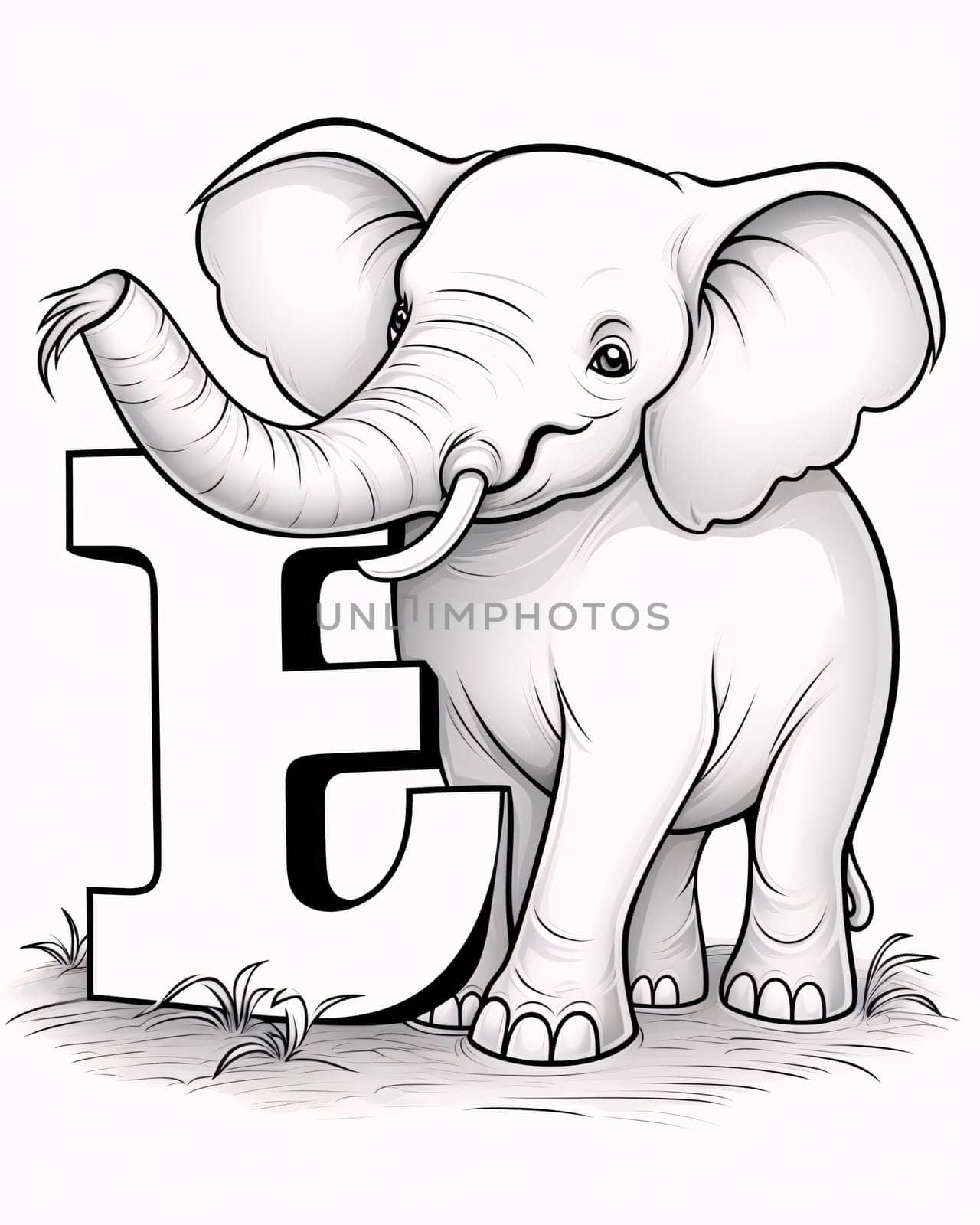 Graphic alphabet letters: Elephant with the letter E. Vector illustration for your design.