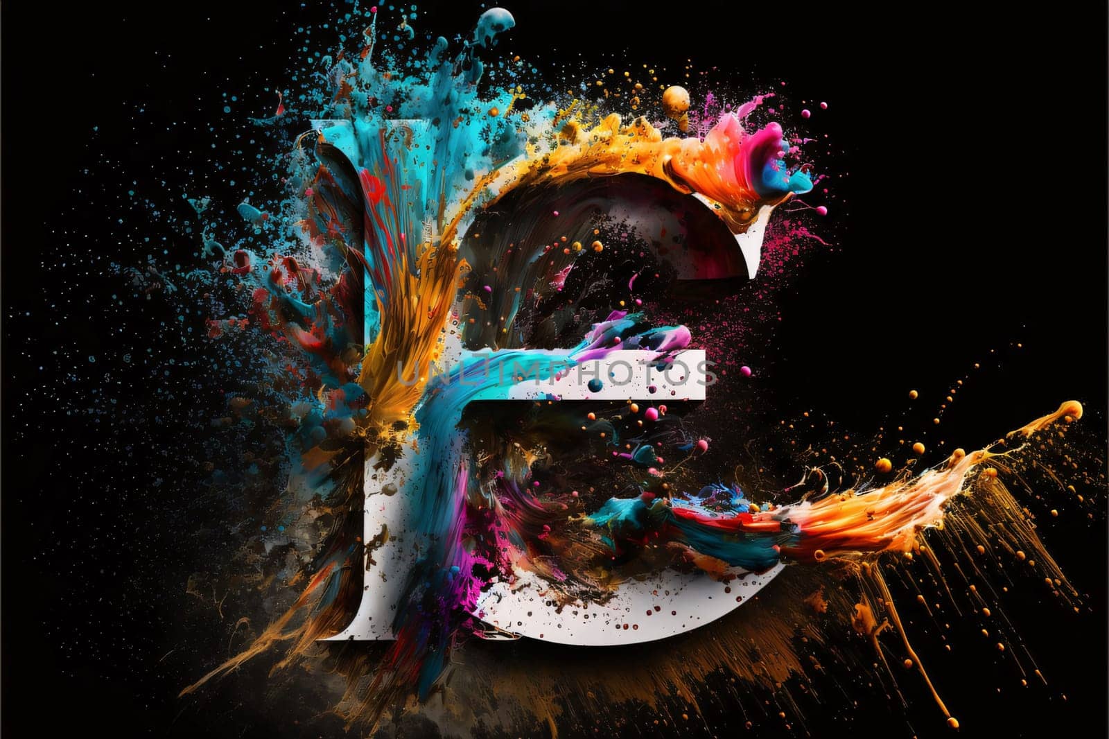 Colorful paint splashes with letter E, isolated on black background by ThemesS