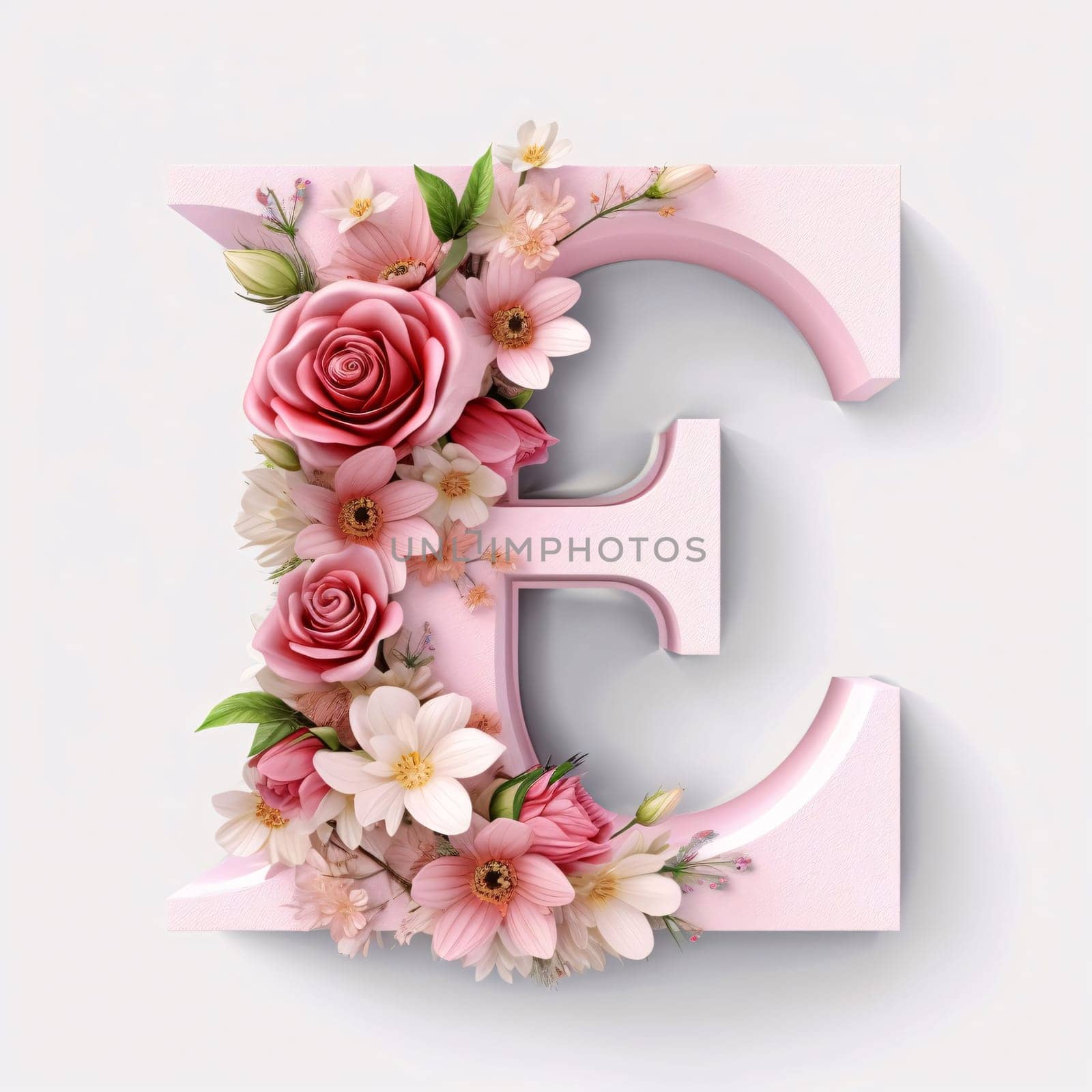 Graphic alphabet letters: Letter E decorated with pink flowers and leaves, isolated on white background