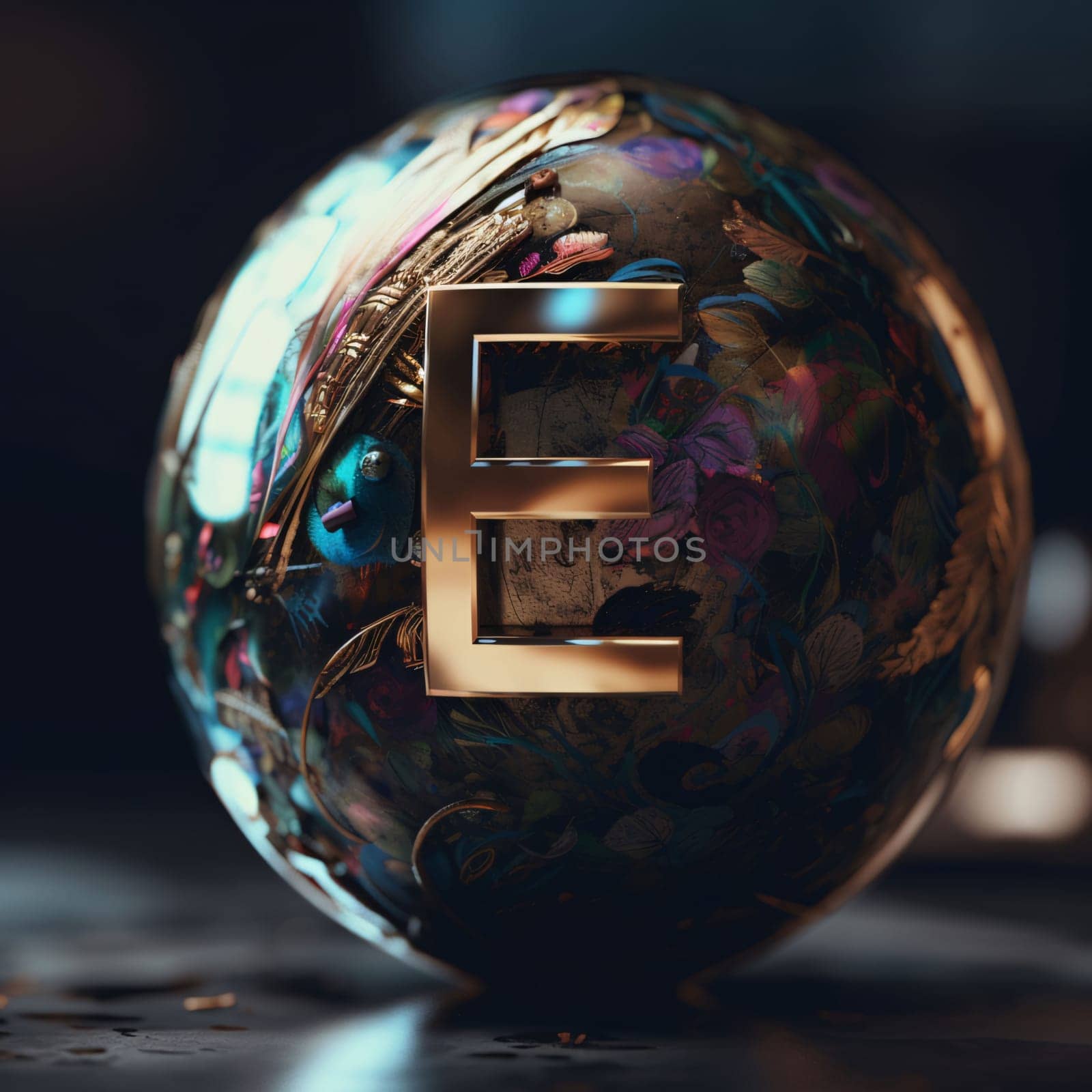 Graphic alphabet letters: Elegant golden E letter in a glass ball. 3D rendering.