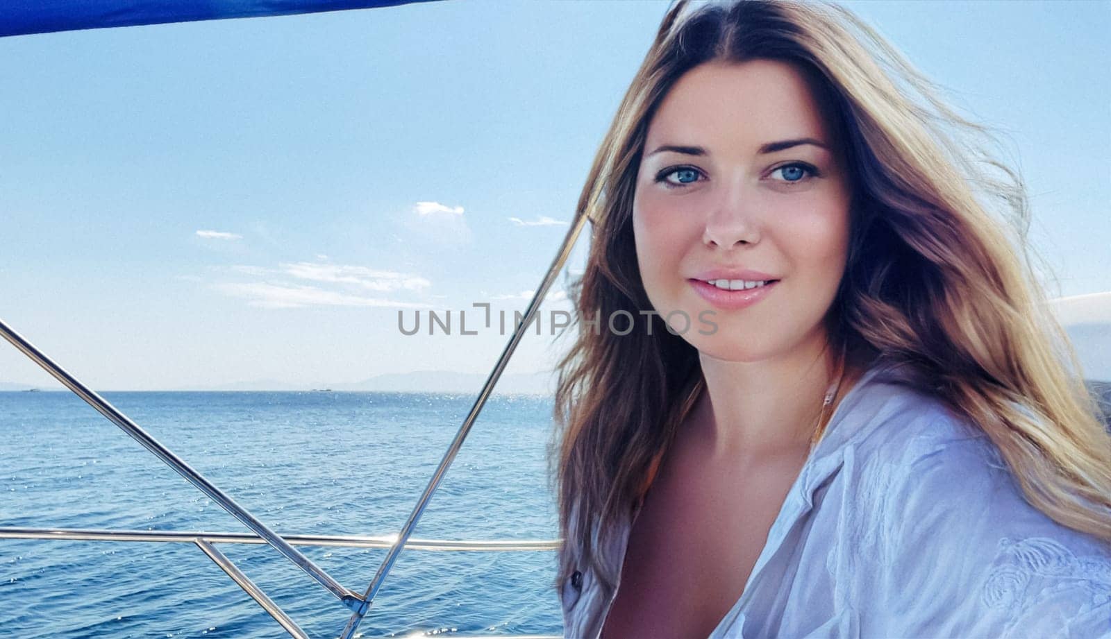 Woman enjoying the sea on a yacht boat, beach lifestyle in summertime, holiday yachting travel and summer leisure by Anneleven