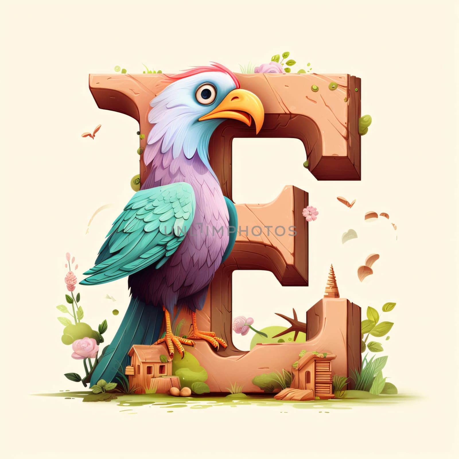 Graphic alphabet letters: Alphabet letter E with cute cartoon parrot on nature background illustration