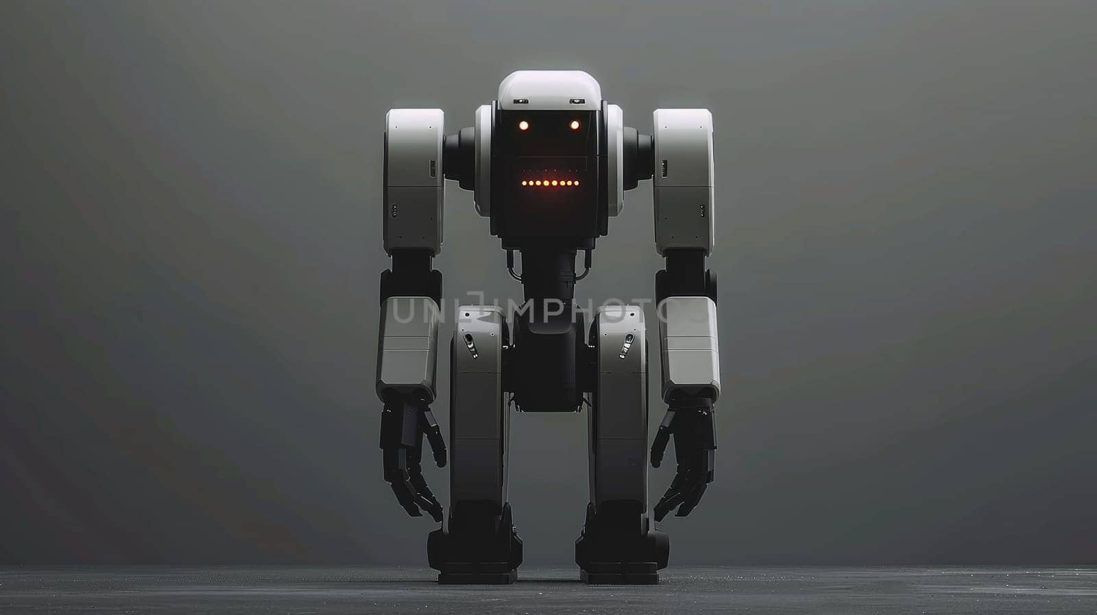 A robot is standing on a grey surface. The robot is white and has a black face