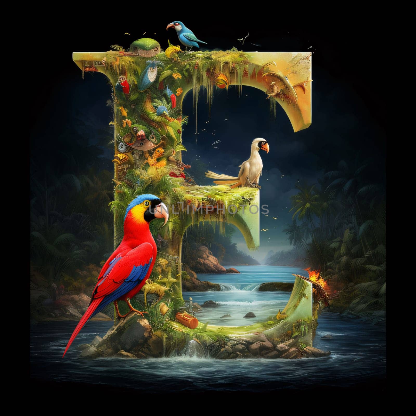 Graphic alphabet letters: Tropical letter E with parrots and birds in the water