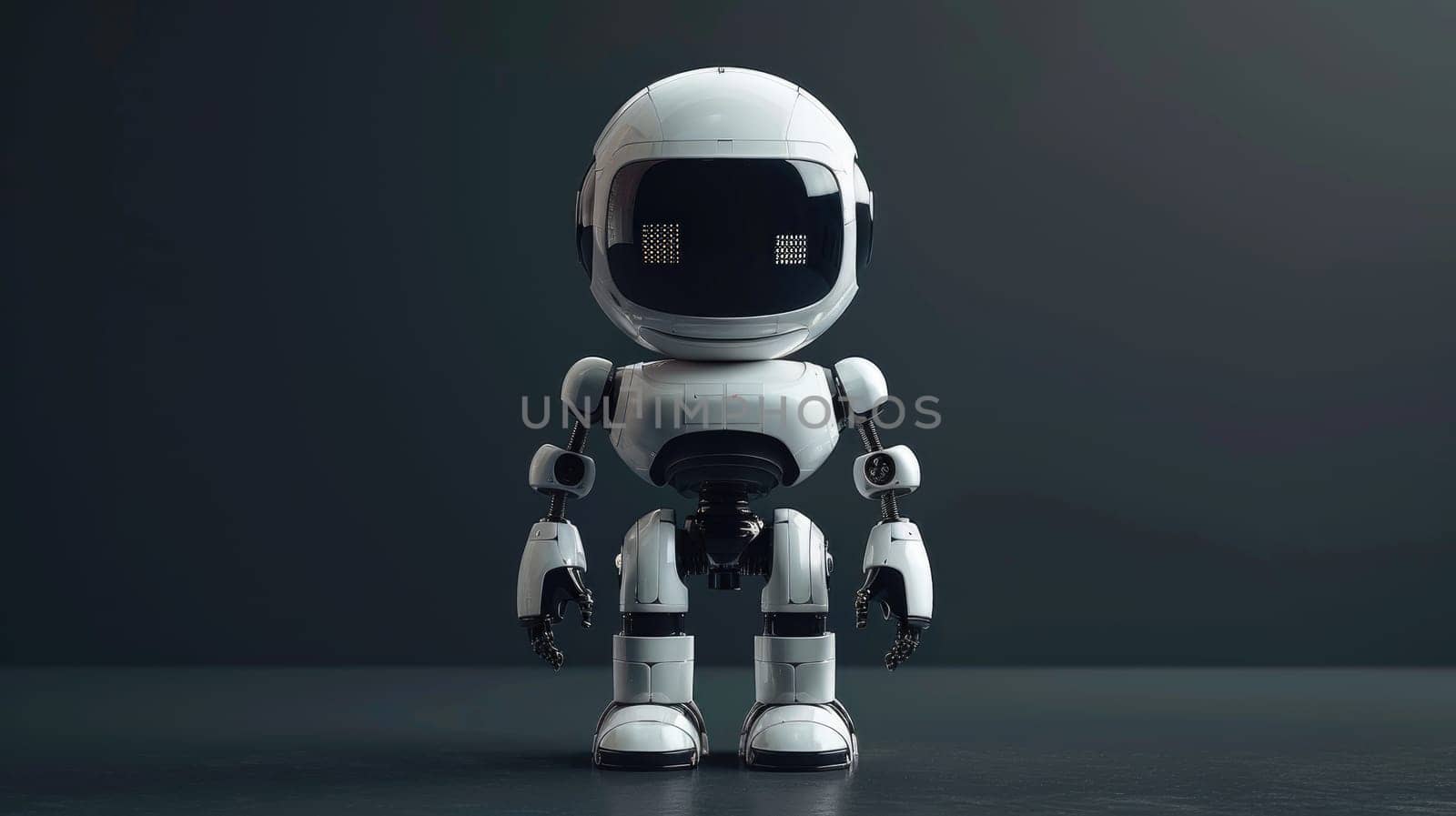 A robot is standing on a black surface. The robot is white and has a metallic appearance. The robot is standing upright and has a serious expression on its face