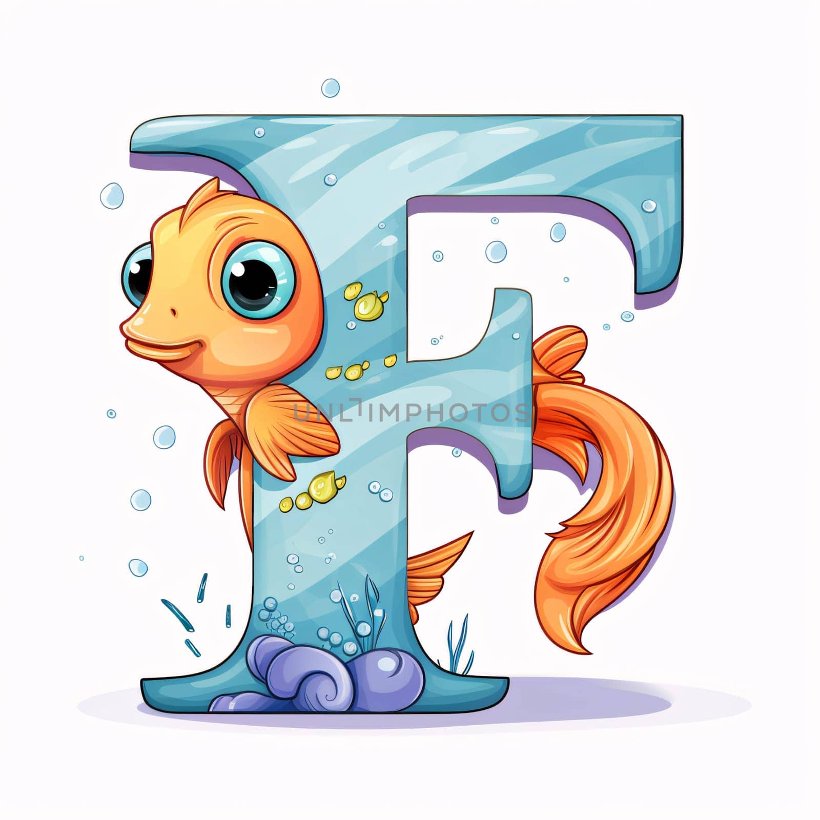 Graphic alphabet letters: Font design for letter F with cute cartoon goldfish. Vector illustration.