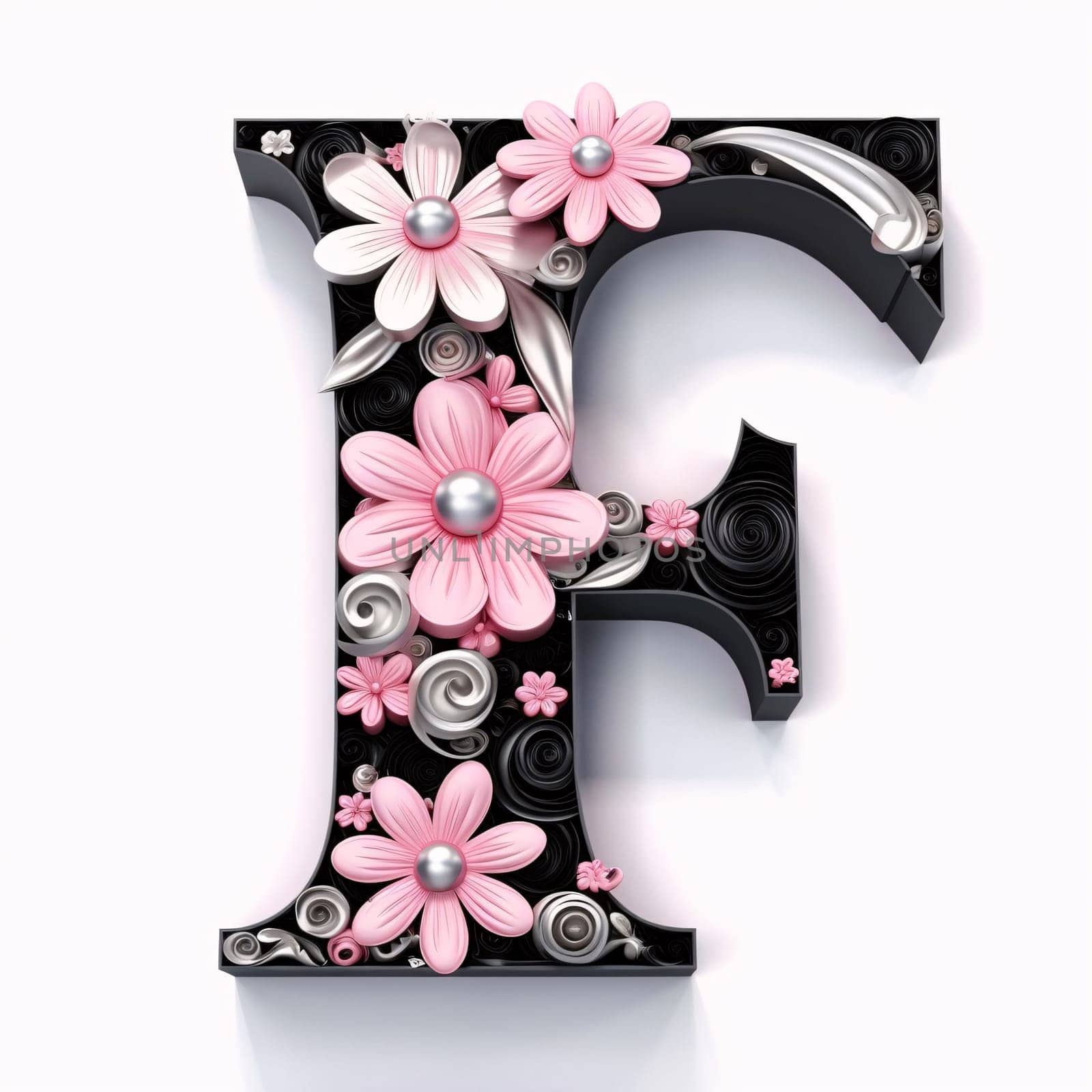 Graphic alphabet letters: pink flower alphabet - letter F 3d illustration on white background