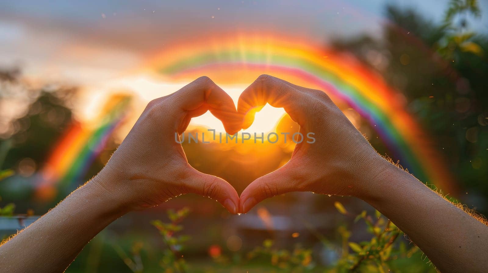 A close-up of two hands forming a heart shape, with a rainbow in the background, highlighting the themes of pride and love by nijieimu