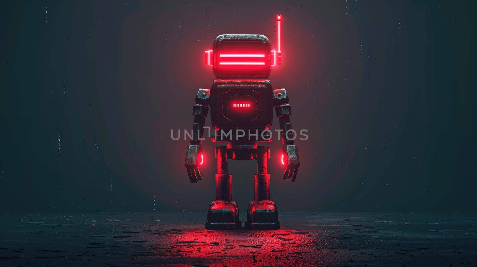 A robot is standing on a black surface.