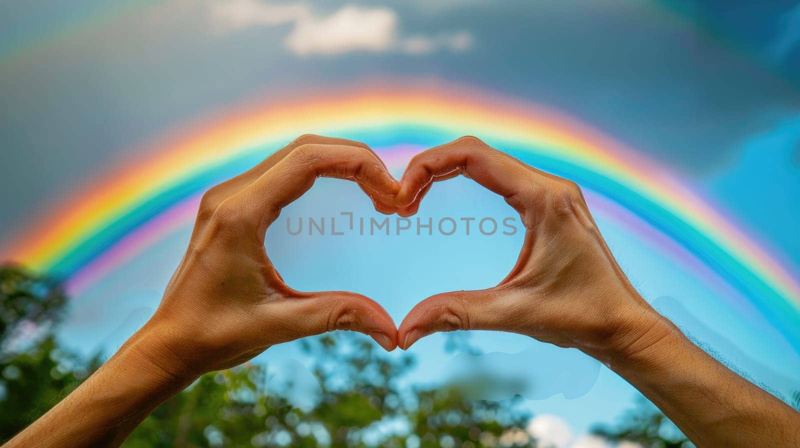 A close-up of two hands forming a heart shape, with a rainbow in the background, highlighting the themes of pride and love.
