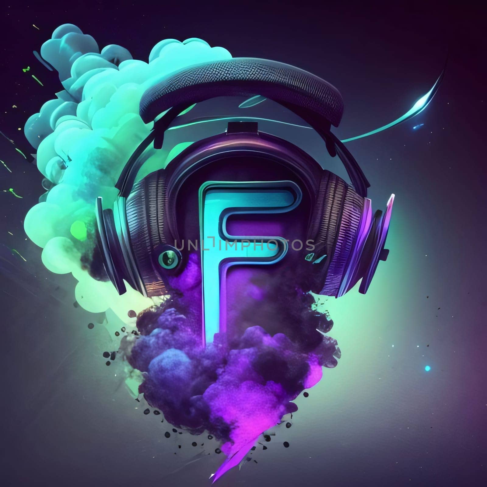 Graphic alphabet letters: Digital illustration of headphones in colour smoke with letter F in abstract background