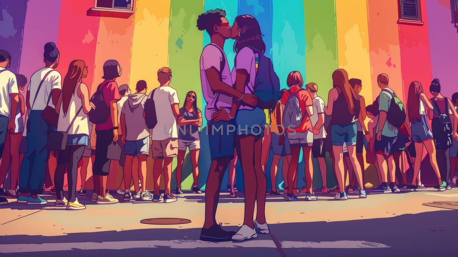 A romantic moment between two people embracing in front of a large rainbow mural, surrounded by supportive friends and allies, highlighting pride and acceptance. by nijieimu