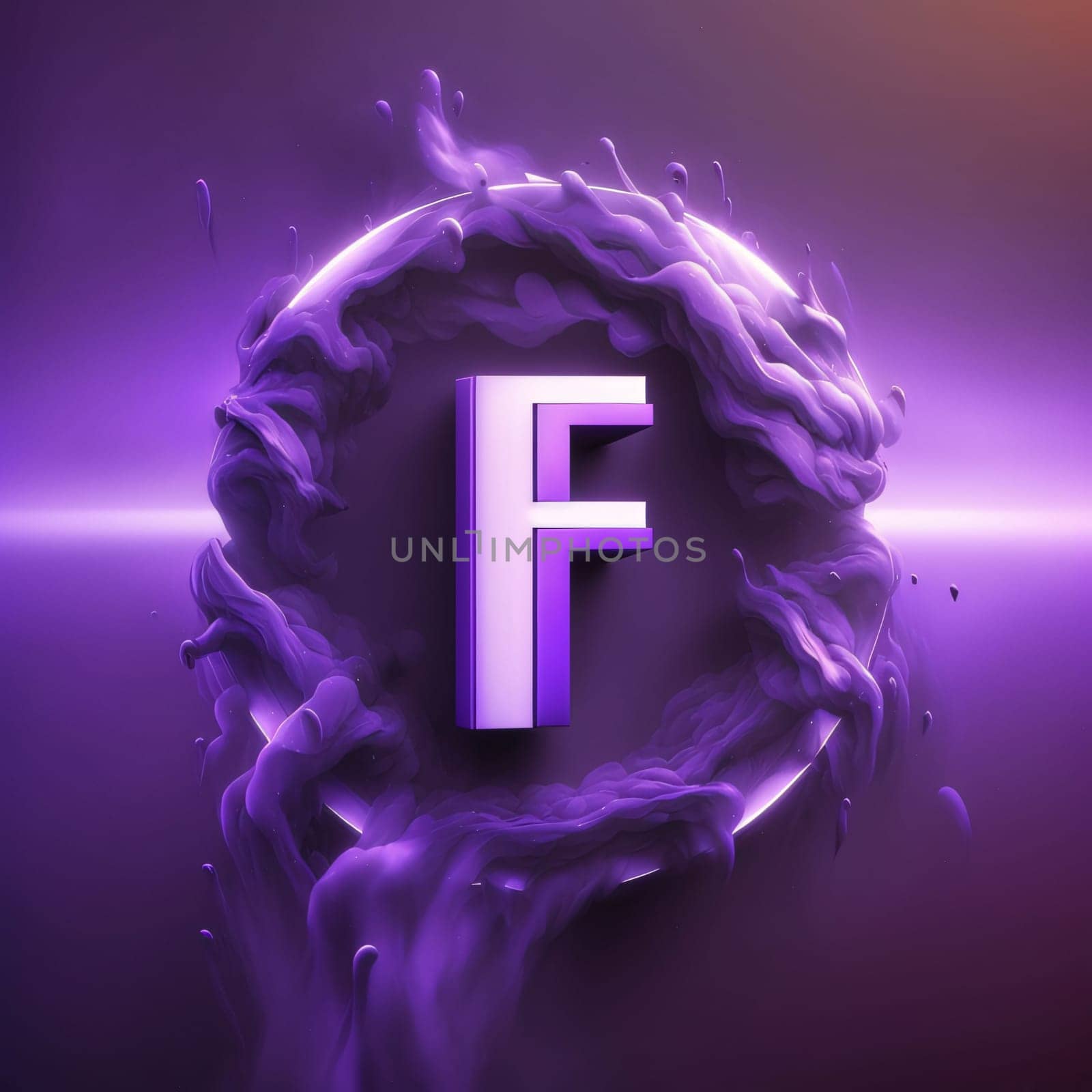 Graphic alphabet letters: Fluid font letter F, 3d render, purple background