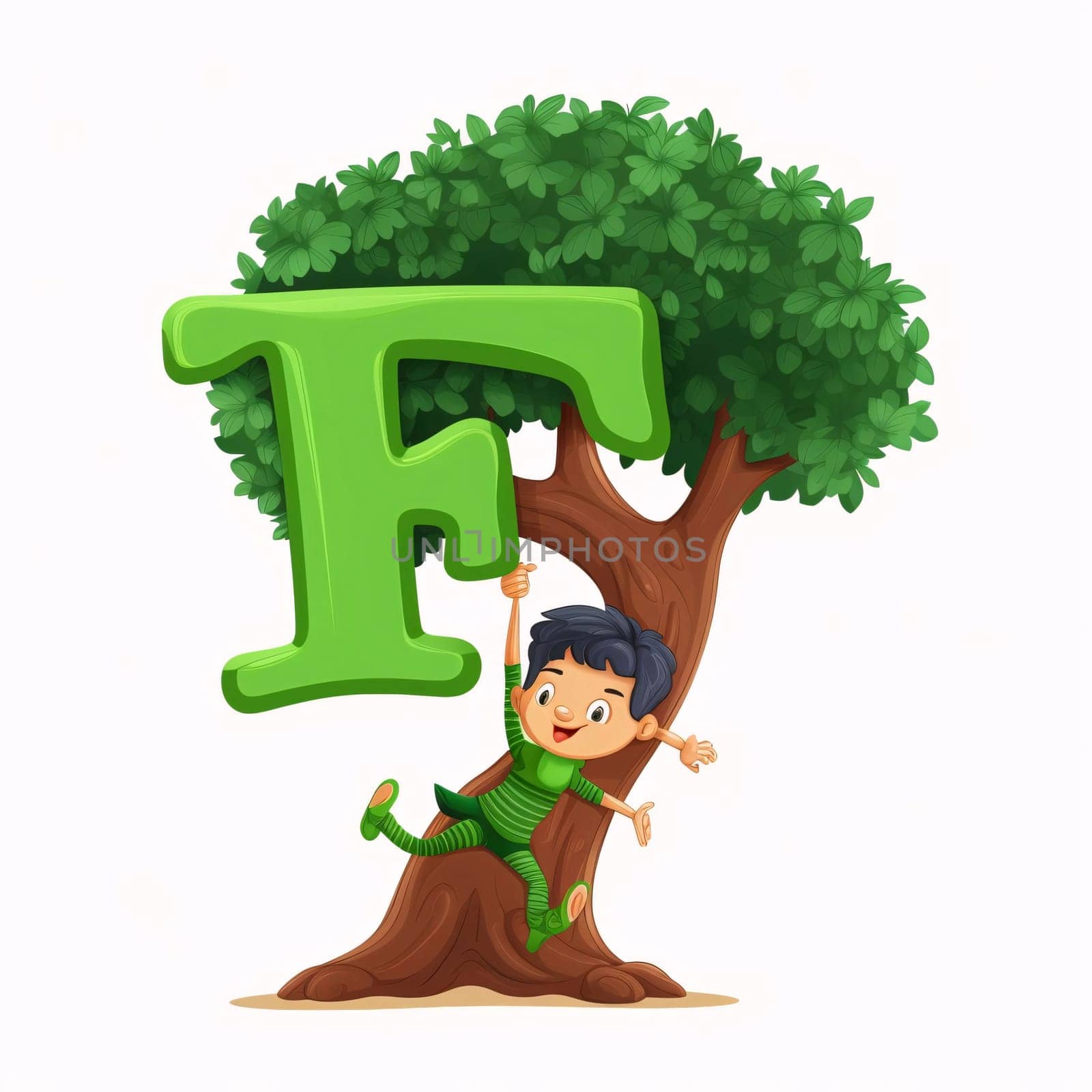 Graphic alphabet letters: Vector illustration of a boy holding the letter F under a tree.