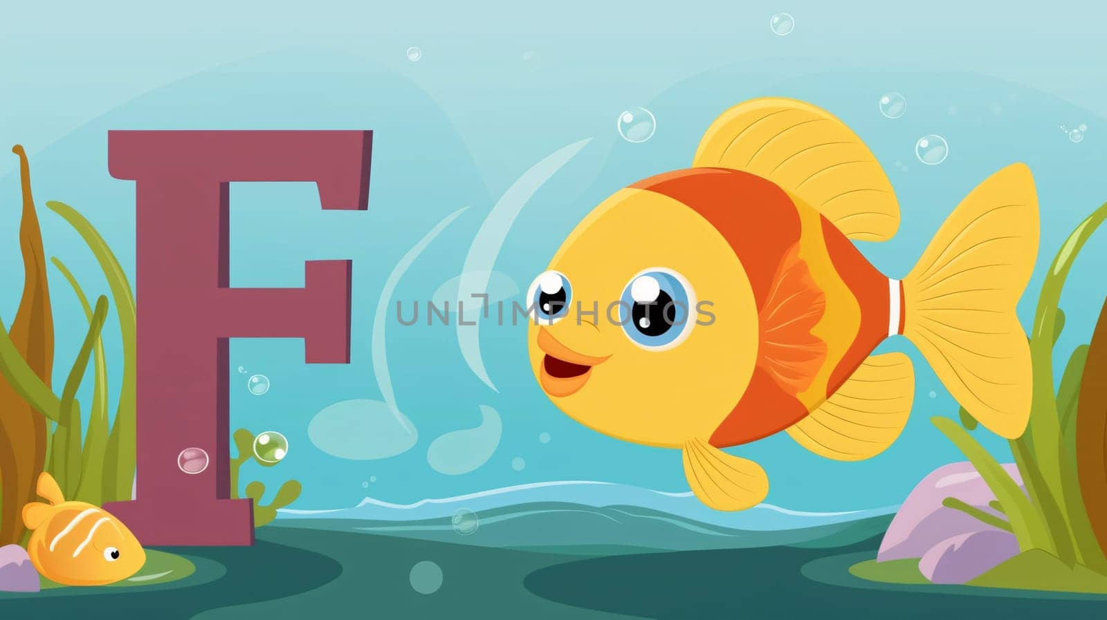 Font design for word f with cute fish in the ocean background illustration by ThemesS