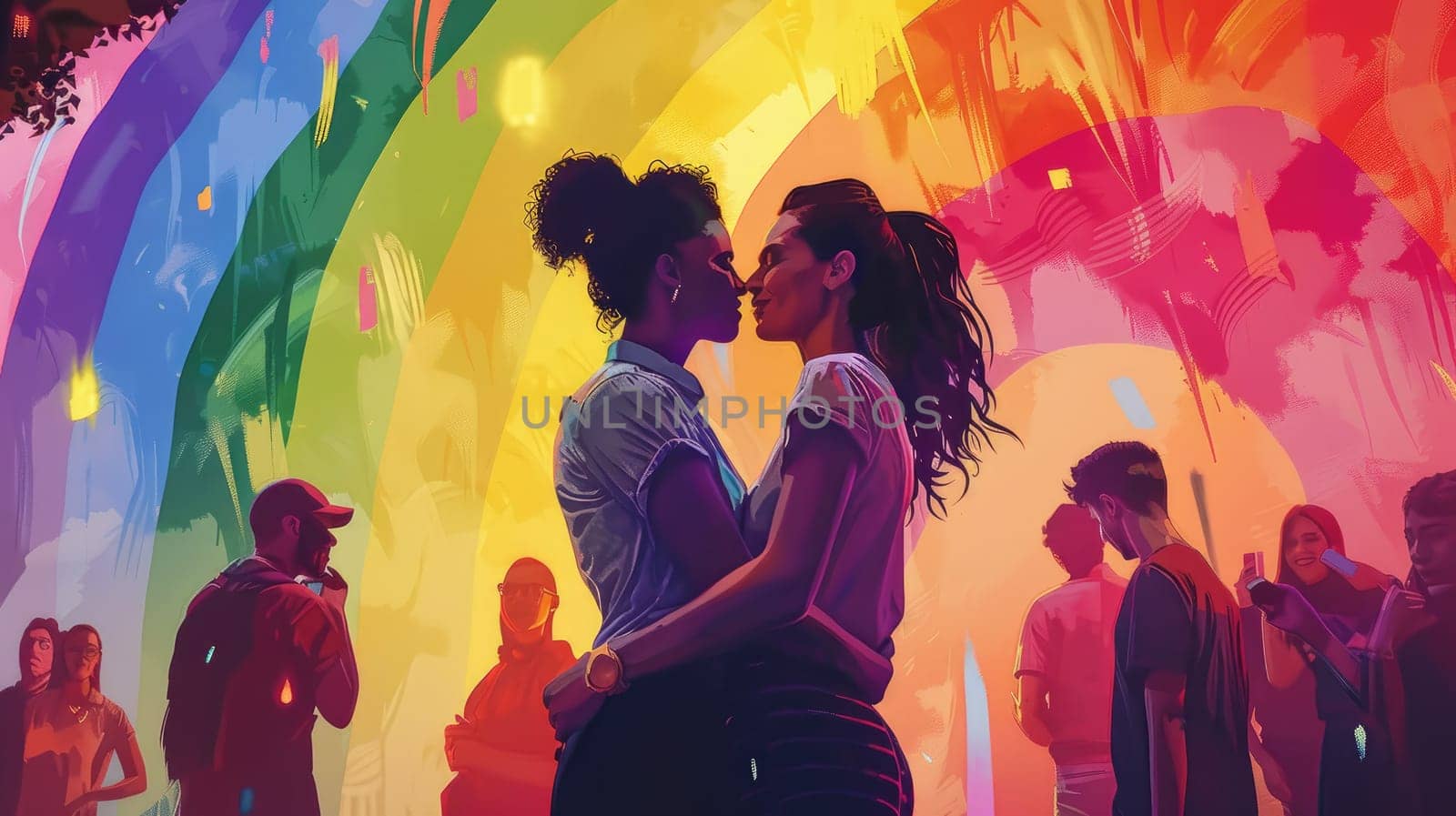 A romantic moment between two people embracing in front of a large rainbow mural, surrounded by supportive friends and allies, highlighting pride and acceptance. by nijieimu