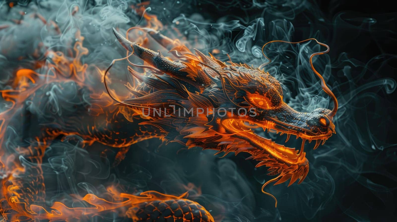 Image of dragon with colorful smoke on black background. Mythical creatures. Illustration.