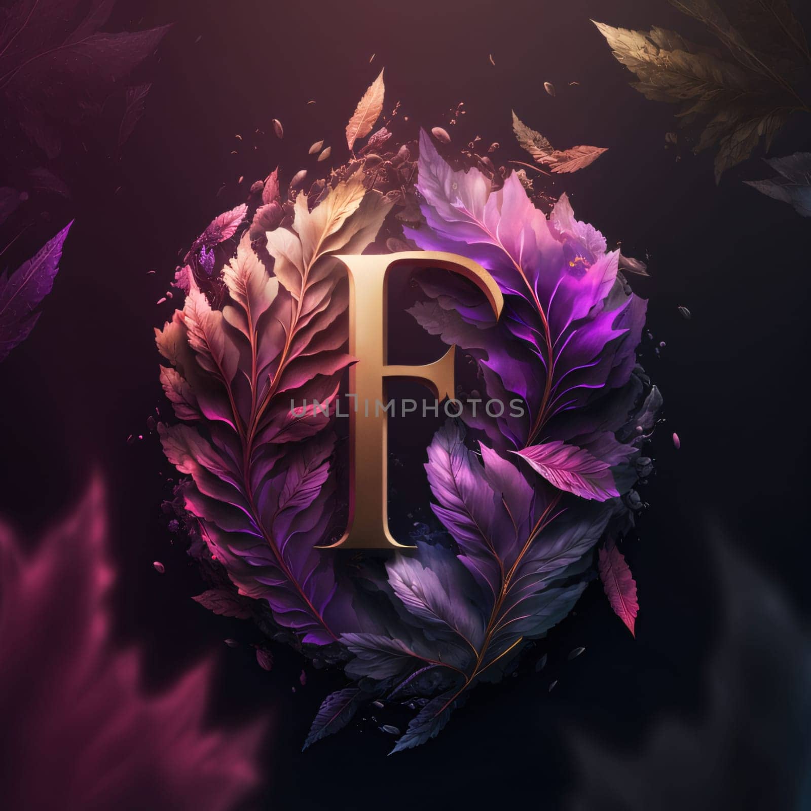 Graphic alphabet letters: Beautiful golden letter F with colorful leaves on dark background. 3D rendering