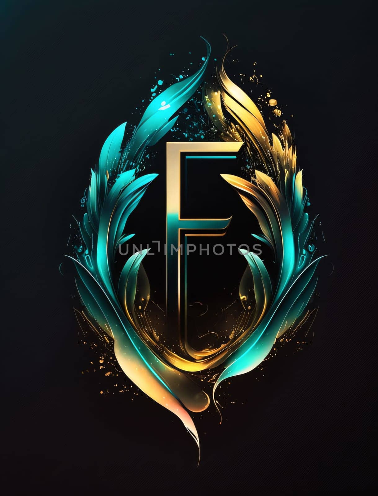 F letter in golden laurel wreath on black background. Vector illustration. by ThemesS