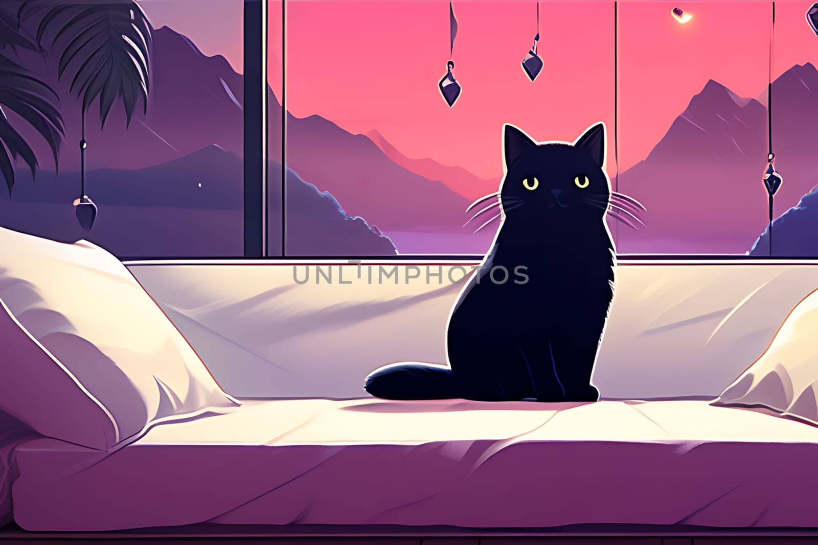A cat sitting on a bed. High quality photo