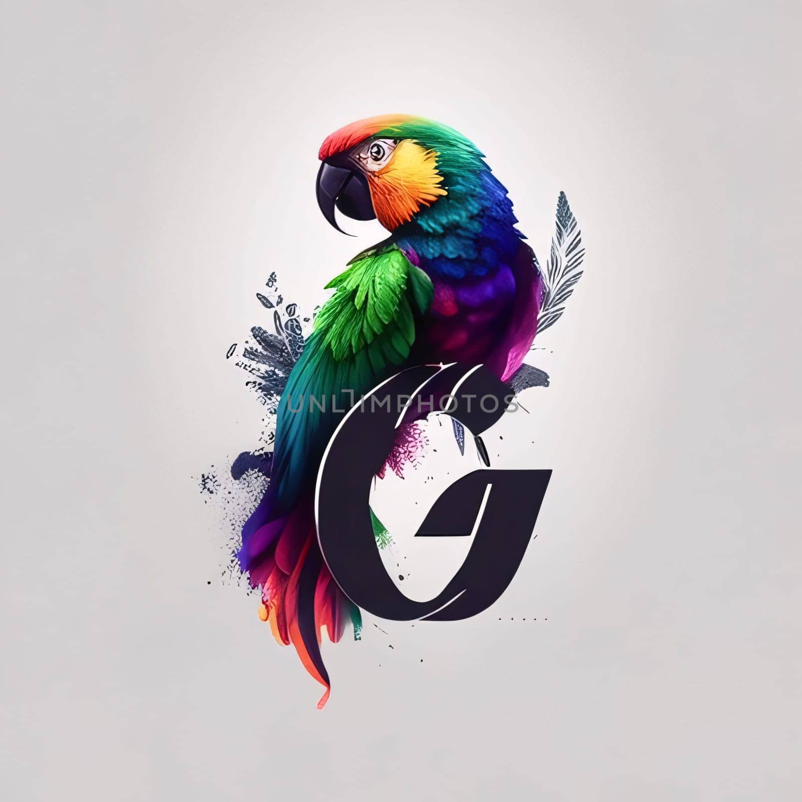 Graphic alphabet letters: Letter G with colorful parrot. Tropical bird. Vector illustration.