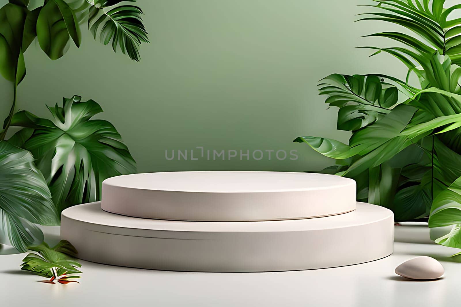 A round white podium with a green wall and plants. High quality photo