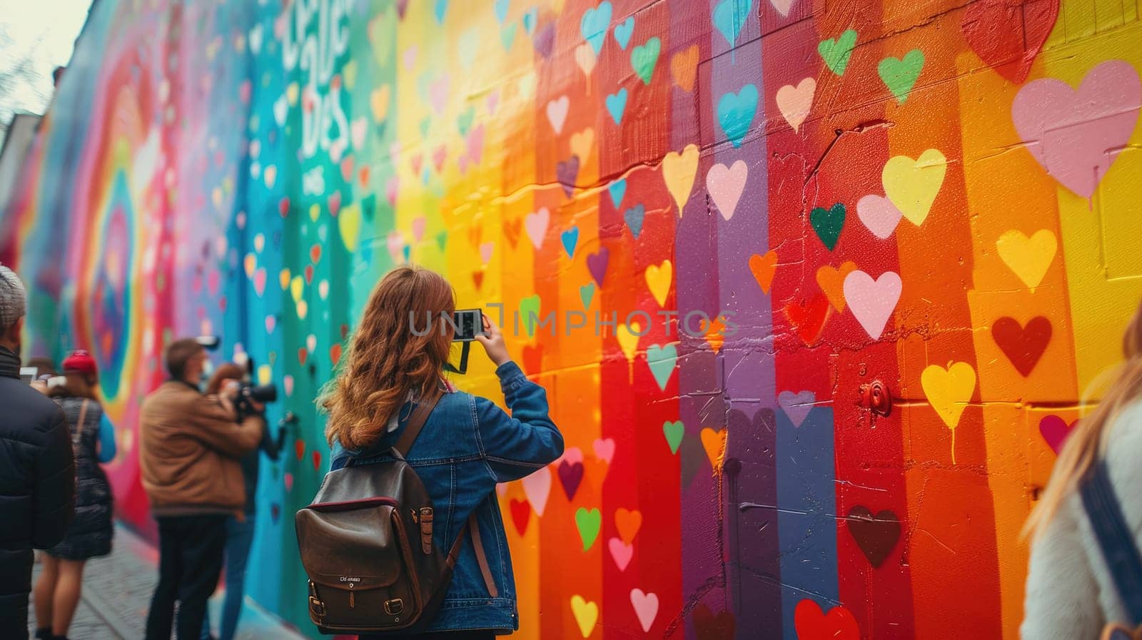 A colorful mural featuring a rainbow and heart motifs, with people taking photos and celebrating around it, capturing the spirit of pride and love.