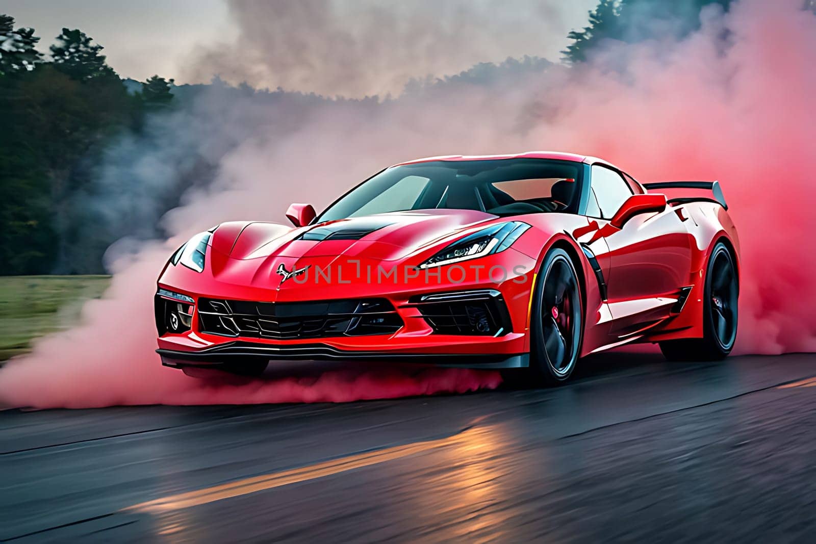 A red sports car on a road with smoke. High quality photo